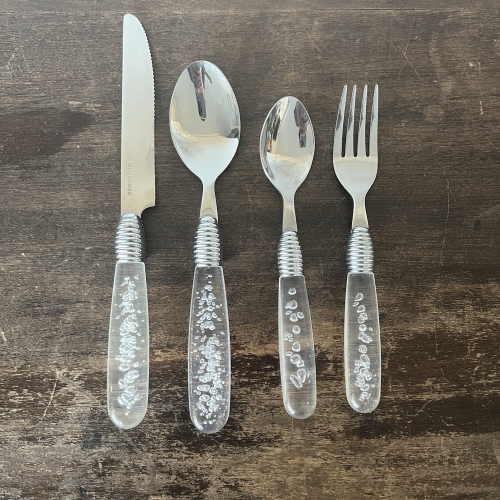 Y2K Gibson Stainless Flatware Set Clear Acrylic Plastic Bubble‎ Handle